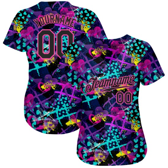 Schwarz-Rosa Custom Stars Baseball Authentisches Muster 3D Jersey Geometrische Kreative Figuren Herzen
