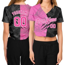 3D Damen Muster Cropped Graffiti V-Ausschnitt Jersey Baseball Scratch Pink-Weiß Custom