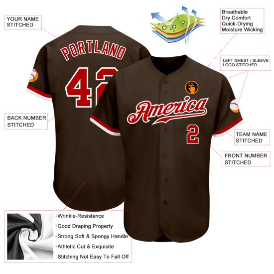 Braunes authentisches rot-weißes Baseballtrikot nach Maß