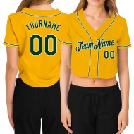 Gold Grün-Weiß Cropped Damen Custom Baseball Jersey V-Ausschnitt