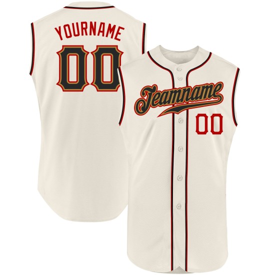 Authentisches cremefarbenes, ärmelloses schwarz-rotes Baseball-Trikot nach Maß