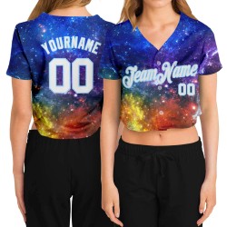 Galactic Custom White-Light Damen V-Ausschnitt Cropped Baseball Jersey Blau 3D
