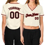 Schwarz-Rot Jersey Damen V-Ausschnitt Baseball Creme Custom Cropped