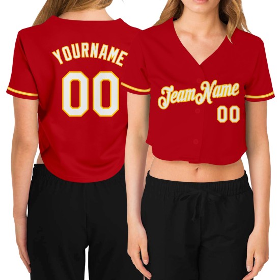 Beschnittenes weiß-goldenes rotes Baseball-Trikot für Damen mit V-Ausschnitt Beschnittenes weiß-goldenes rotes Baseball-Trikot für Damen mit V-Ausschnitt
