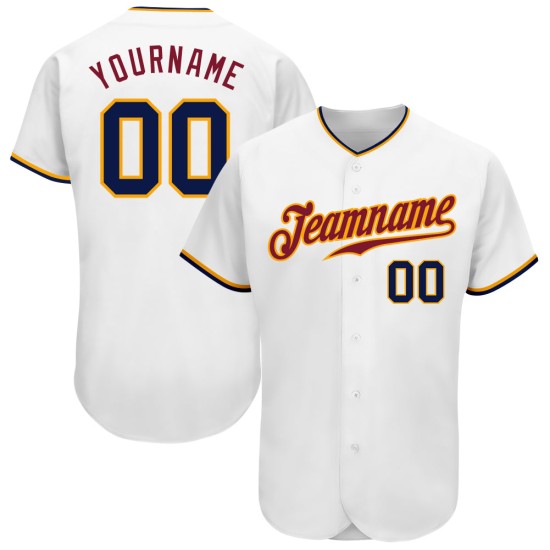 Weißes authentisches Baseball-Trikot, Marineblau-Gold Weißes authentisches Baseball-Trikot, Marineblau-Gold