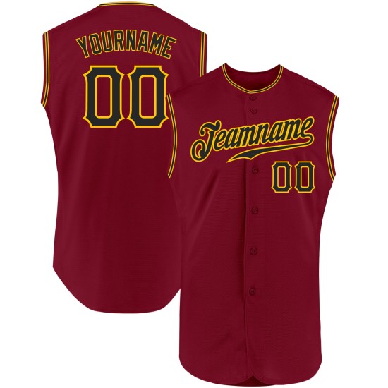 Benutzerdefiniertes ärmelloses authentisches karmesinrotes schwarz-goldenes Baseballtrikot