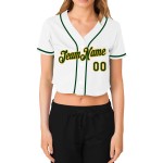 Kurzes Damen Baseball V-Ausschnitt Custom Jersey Weiß Grün-Gold