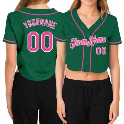 Kelly Pink-Weiß Cropped Custom Jersey V-Ausschnitt Damen Baseball Grün