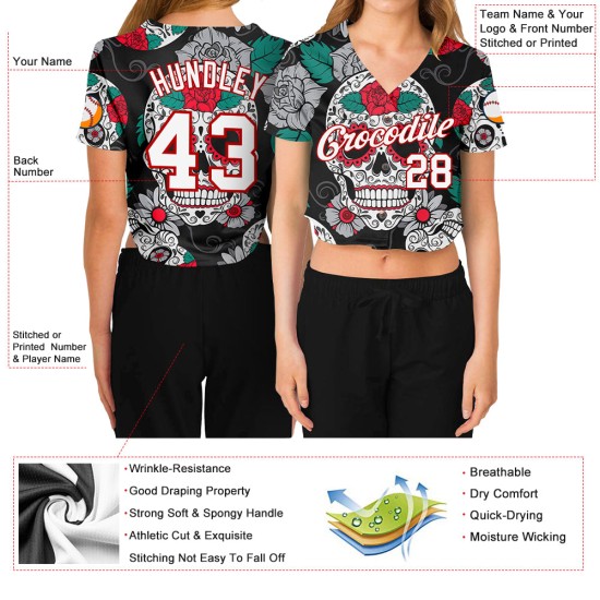 Cropped V-Ausschnitt Muster Baseball 3D Jersey Custom Damen Graffiti Weiß-Rot Fashion Skull