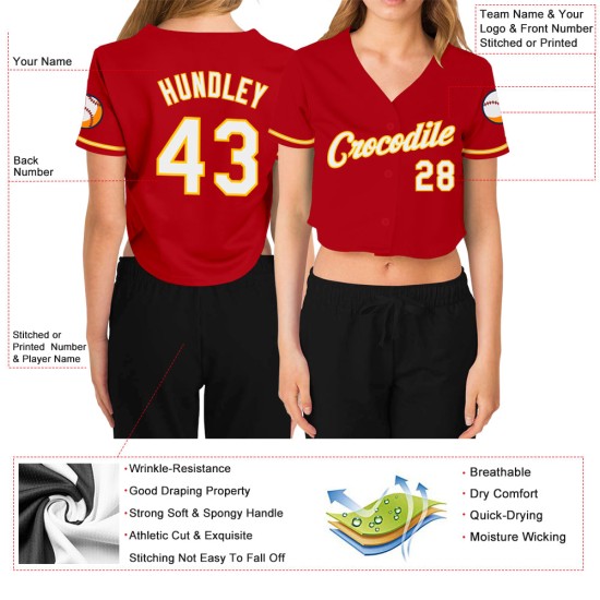 Beschnittenes weiß-goldenes rotes Baseball-Trikot für Damen mit V-Ausschnitt Beschnittenes weiß-goldenes rotes Baseball-Trikot für Damen mit V-Ausschnitt
