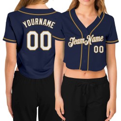 Beschnittenes Gold Custom Weiß-Old Baseball Navy Damen V-Ausschnitt Jersey