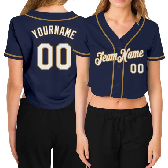Beschnittenes Gold Custom Weiß-Old Baseball Navy Damen V-Ausschnitt Jersey Beschnittenes Gold Custom Weiß-Old Baseball Navy Damen V-Ausschnitt Jersey
