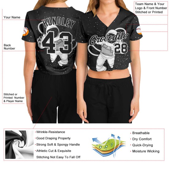 Kurzes Damen Baseball Astronaut V-Ausschnitt Schwarz Schwarz-Weiß Custom 3D Jersey