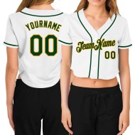 Kurzes Damen Baseball V-Ausschnitt Custom Jersey Weiß Grün-Gold