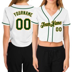 Kurzes Damen Baseball V-Ausschnitt Custom Jersey Weiß Grün-Gold