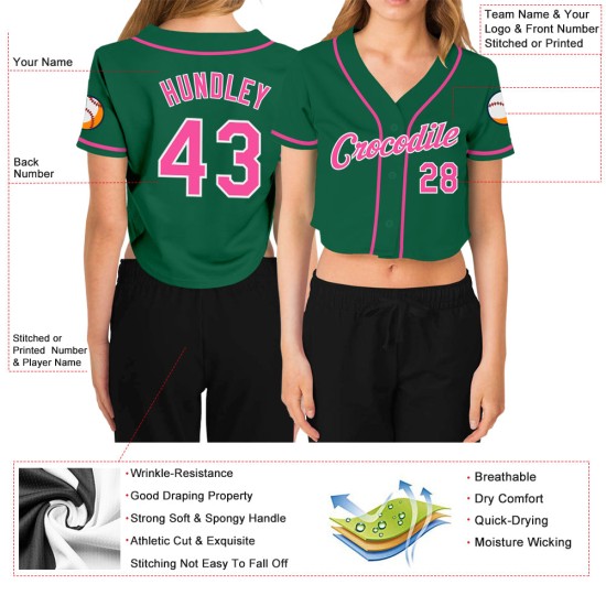 Kelly Pink-Weiß Cropped Custom Jersey V-Ausschnitt Damen Baseball Grün Kelly Pink-Weiß Cropped Custom Jersey V-Ausschnitt Damen Baseball Grün