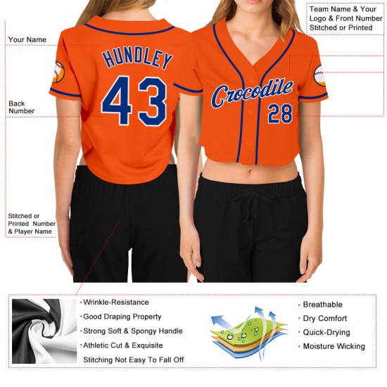 V-Ausschnitt Orange Cropped Baseball Custom Royal-White Jersey Damen